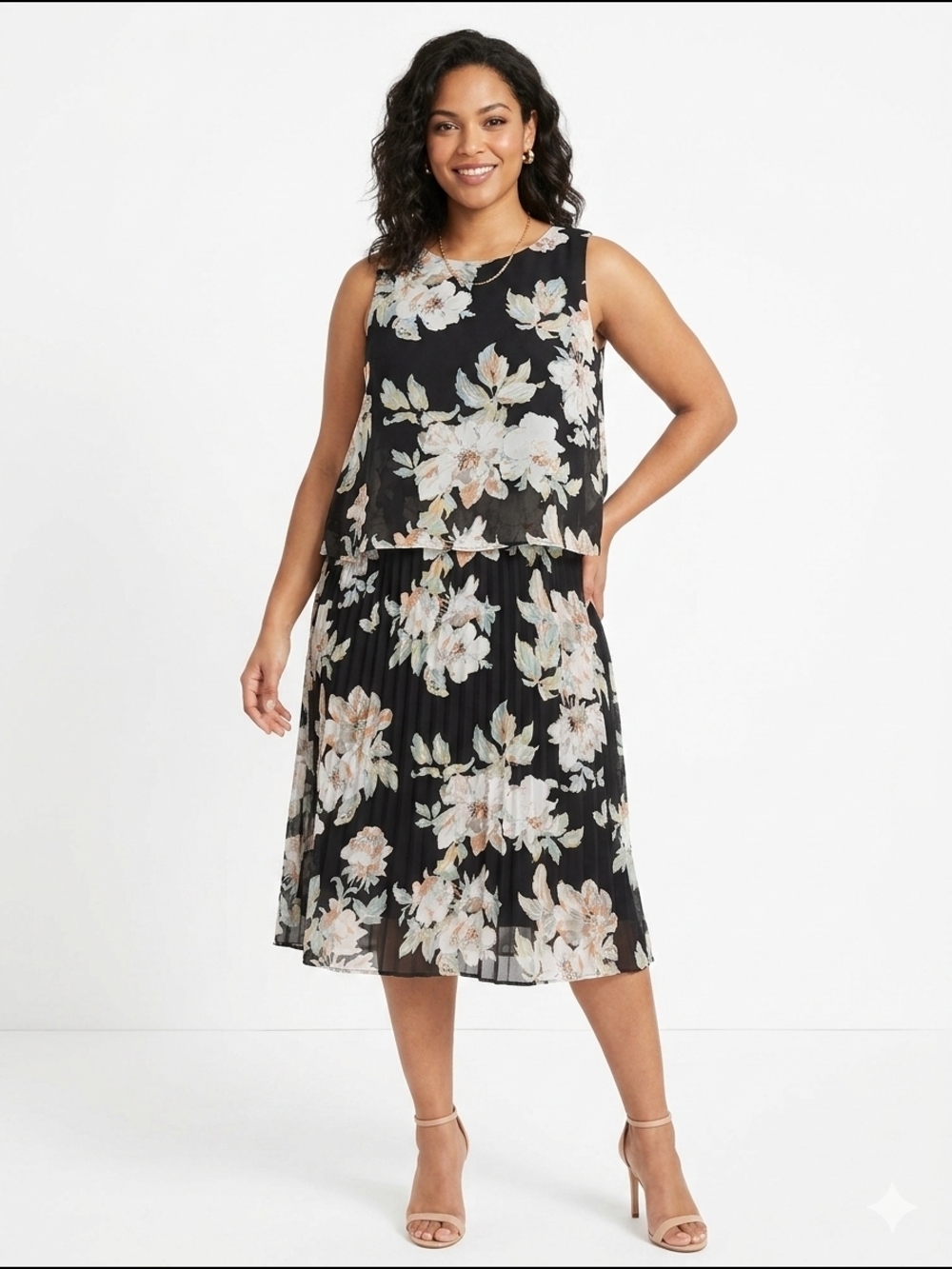 Floral Pleated Midi Dress - Black with Cream Floral